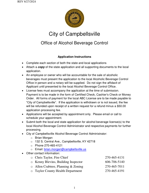 First page of the Alcoholic Beverage License Application