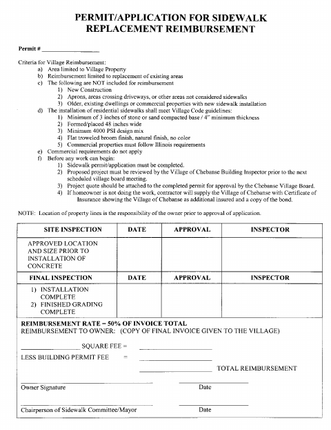 First page of the Sidewalk Replacement Reimbursement
