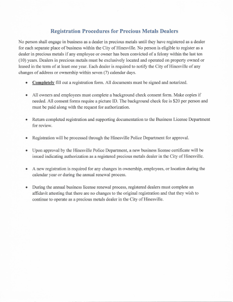 First page of the Precious Metals Dealer Registration