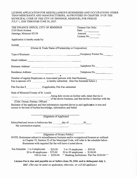 First page of the Miscellaneous Business License Application