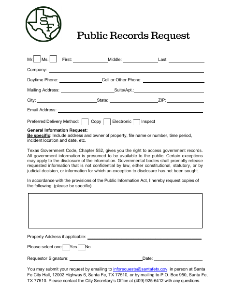 First page of the Public Records Request Form
