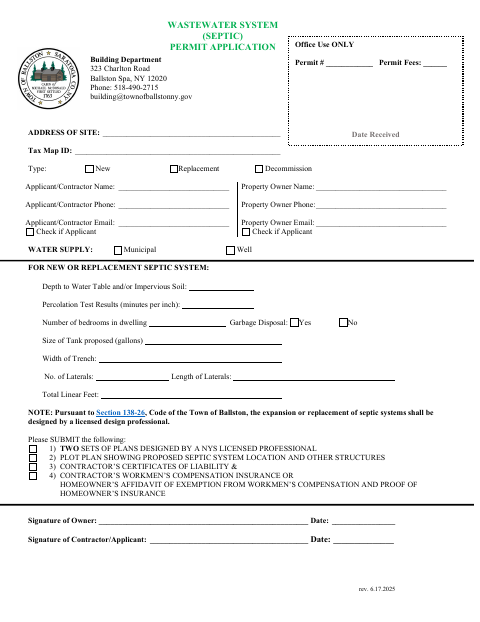 First page of the Wastewater System (Septic) Permit Application