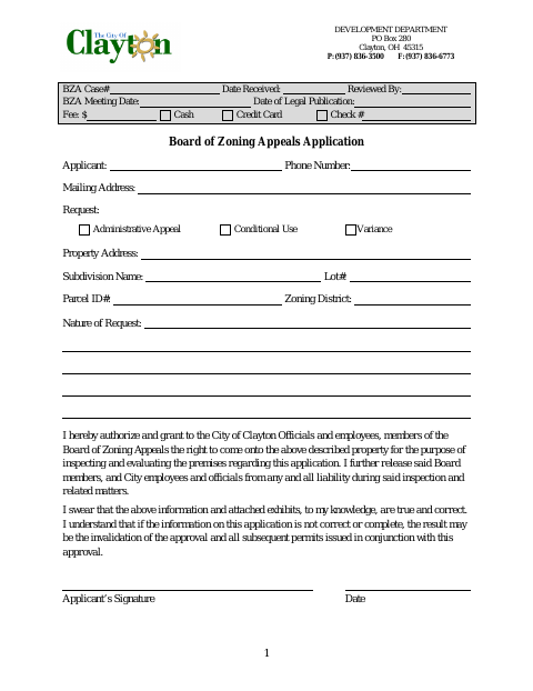 First page of the Board of Zoning Appeals Application