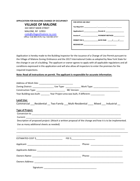 First page of the Application for Building Change of Occupancy