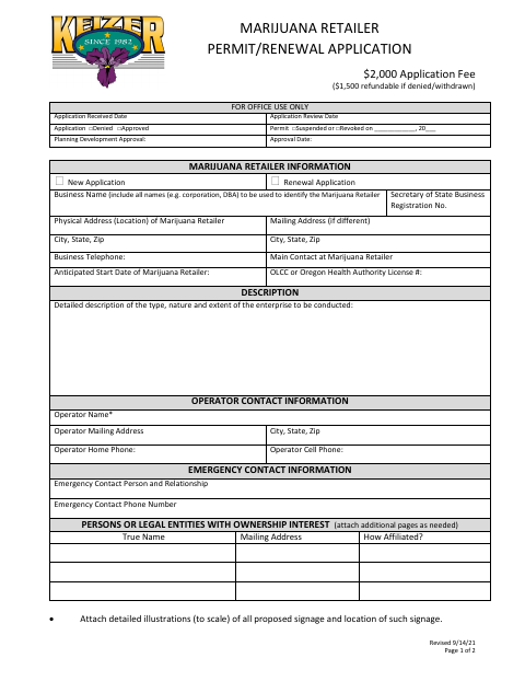 First page of the Marijuana Retailer Permit/Renewal Application