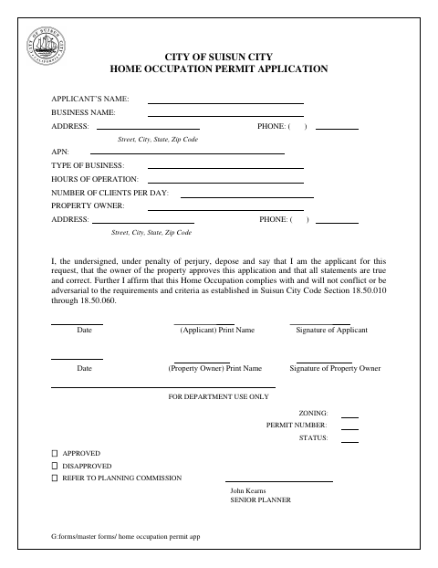 First page of the Home Occupation Permit Application