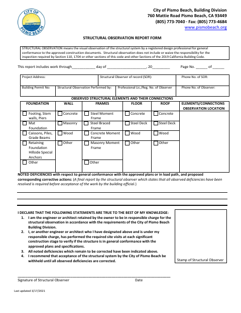 First page of the Structural Observation Report Form