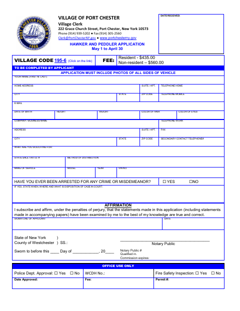 First page of the Hawker and Peddler Application