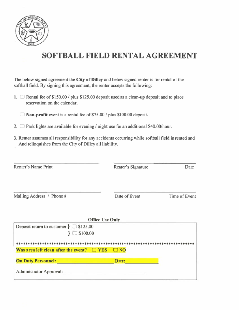 First page of the Softball Field Rental Agreement