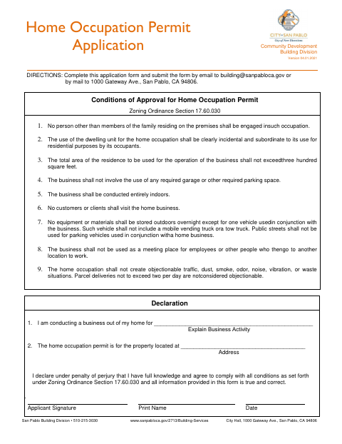 First page of the Home Occupation Permit Application
