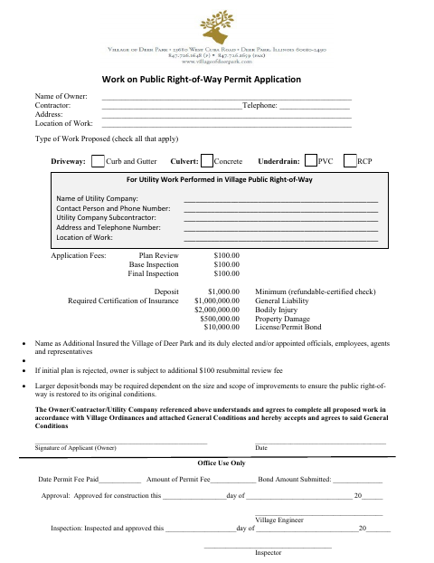 First page of the Work on Public Right-of-Way Permit Application