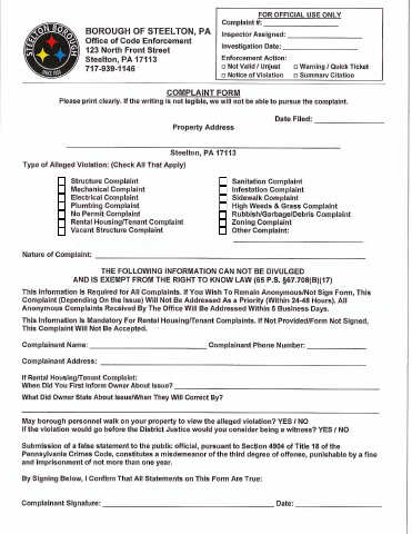 First page of the Codes Complaint Form