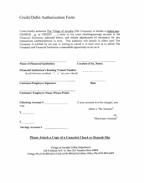 First page of the Credit/Debit Authorization Form