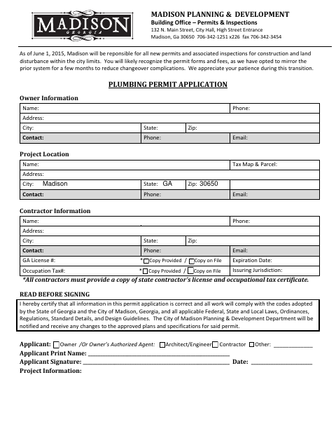 First page of the Plumbing Permit Application