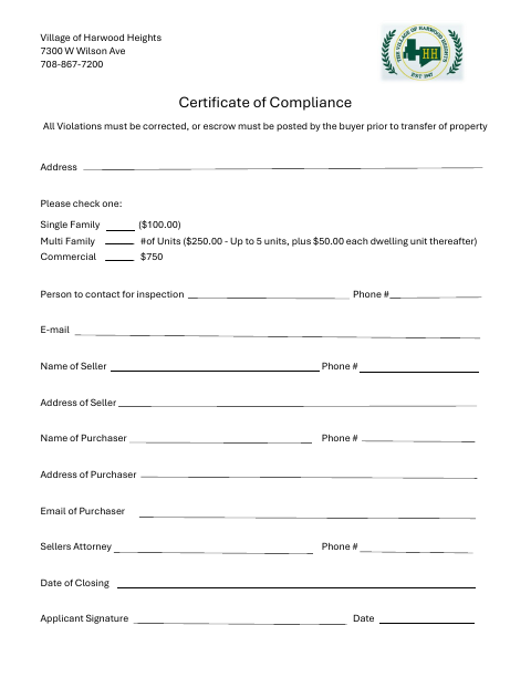 First page of the Certificate of Compliance