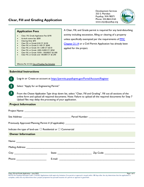 First page of the Clear, Fill and Grading Application