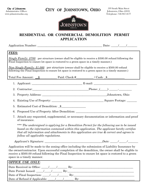 First page of the Residential or Commercial Demolition Permit Application