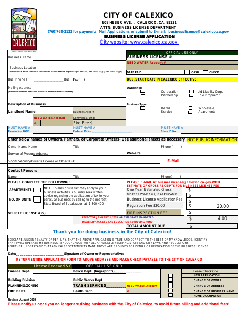 First page of the New Business License Application