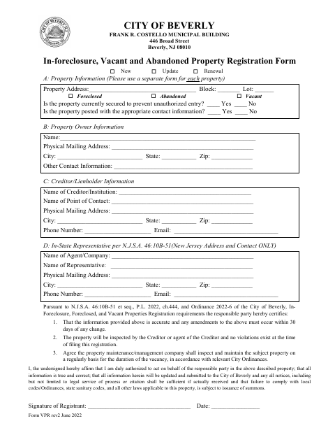 First page of the In-Foreclosure, Vacant and Abandoned Property Registration Form