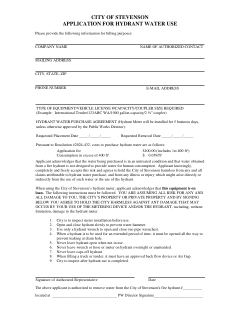 First page of the Application for Hydrant Water Use