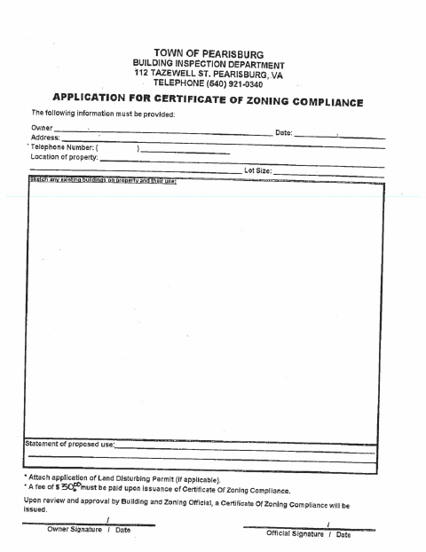First page of the Application for Certificate of Zoning Compliance