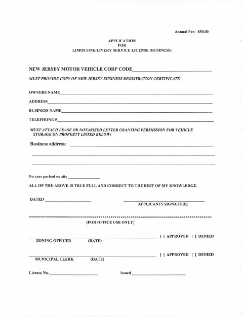 First page of the Limousine/Livery Service Business License Application