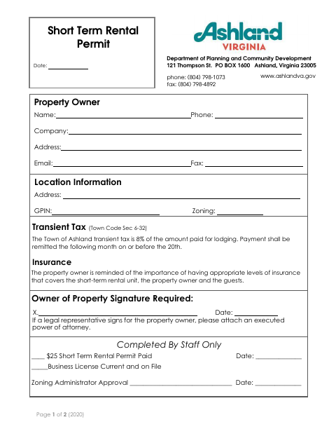First page of the Short-Term Rental Application