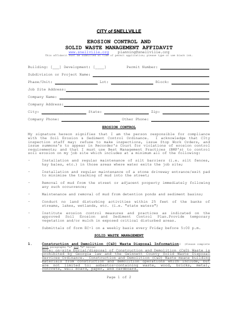 First page of the Erosion Control and Solid Waste Management Affidavit