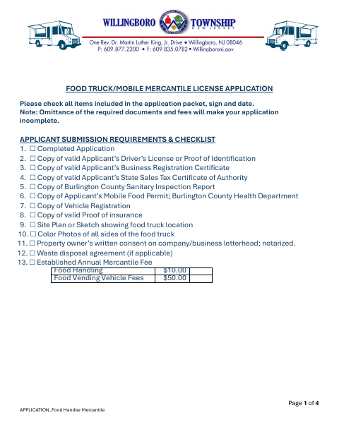First page of the Food Truck/Mobile Mercantile License Application
