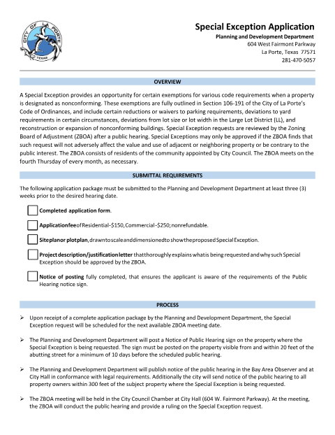 First page of the Special Exception Application