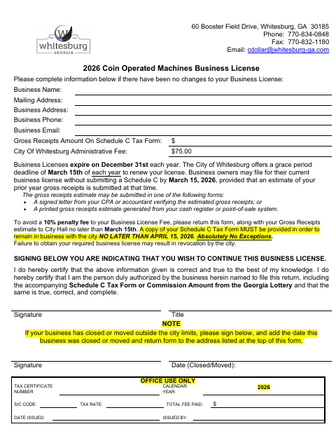 First page of the Coin Operated Machines Business License Renewal And Status Affidavit