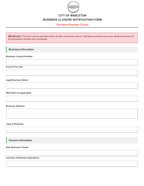 First page of the Business Closure Notification