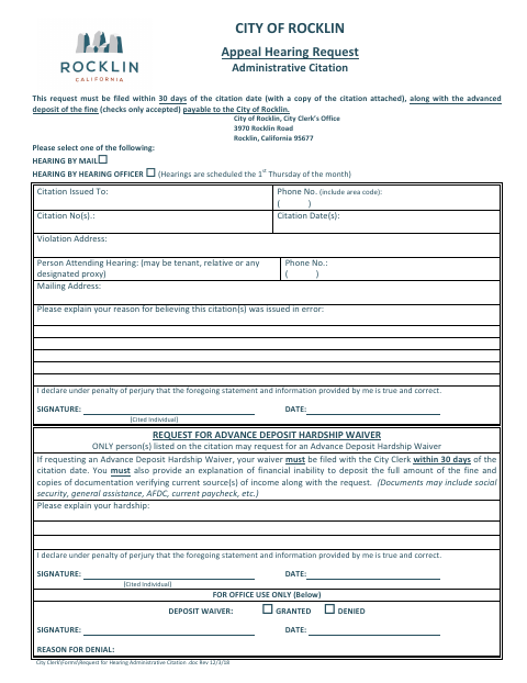 First page of the Appeal Hearing Request – Administrative Citation