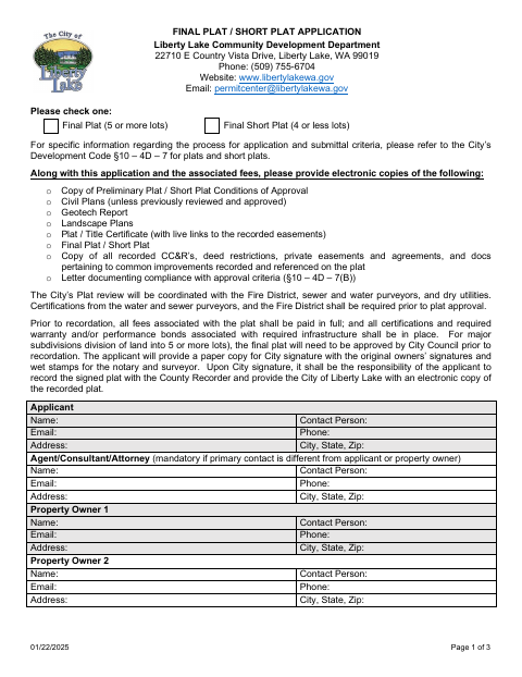First page of the Final Plat / Short Plat Application
