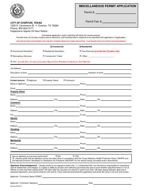 First page of the Miscellaneous Permit Application
