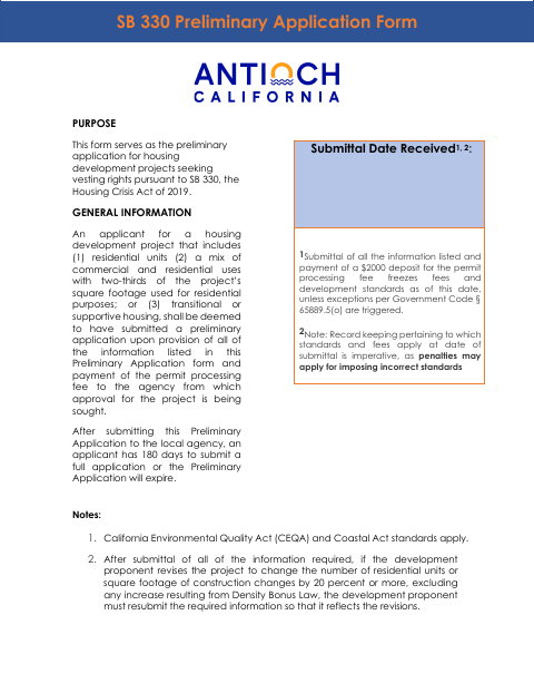 First page of the SB 330 Preliminary Application Form
