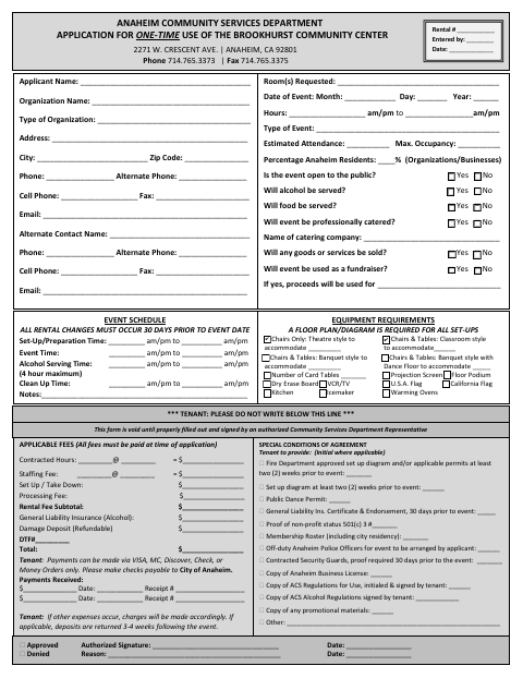 First page of the One Time Use Application