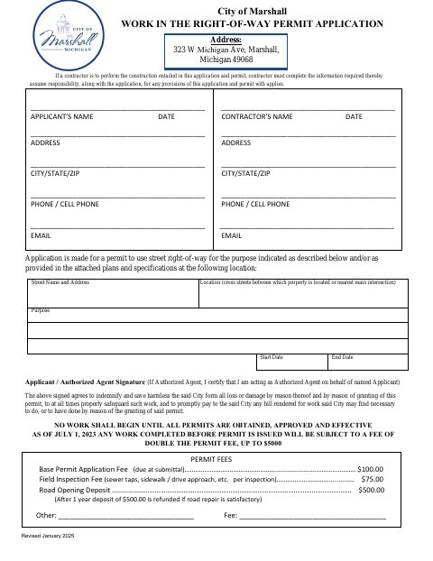 First page of the Right of Way Permit Application