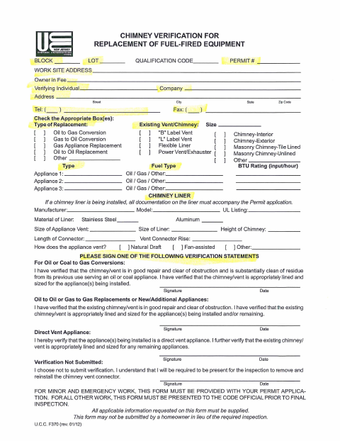 First page of the Chimney Verification for Replacement of Fuel-Fired Equipment