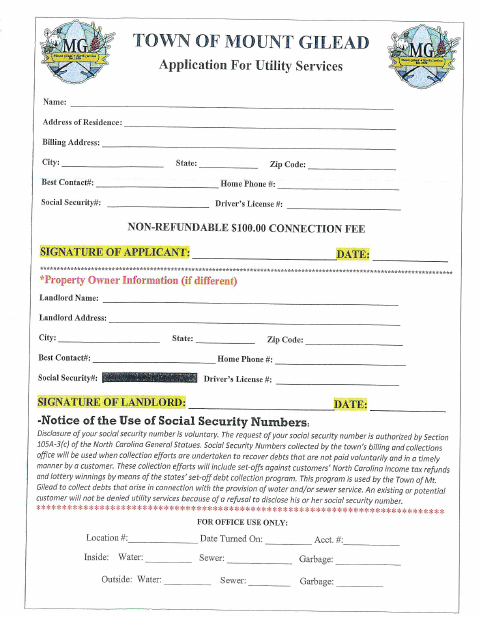 First page of the Customer Application For Connection
