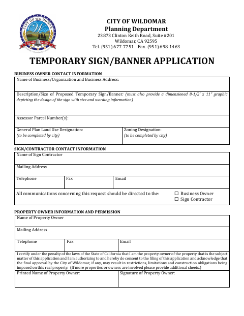 First page of the Temporary Sign/Banner Application