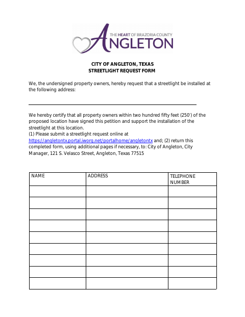 First page of the Streetlight Request Form