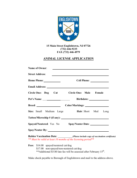 First page of the Animal License Application