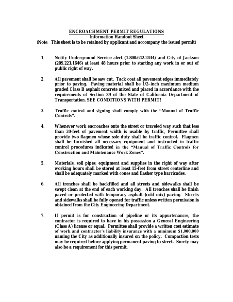 First page of the Encroachment Permit Regulations and Application