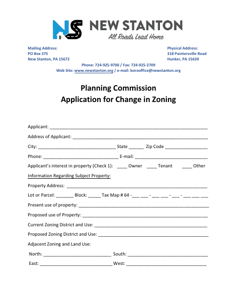 First page of the Planning Commission Application for Change in Zoning