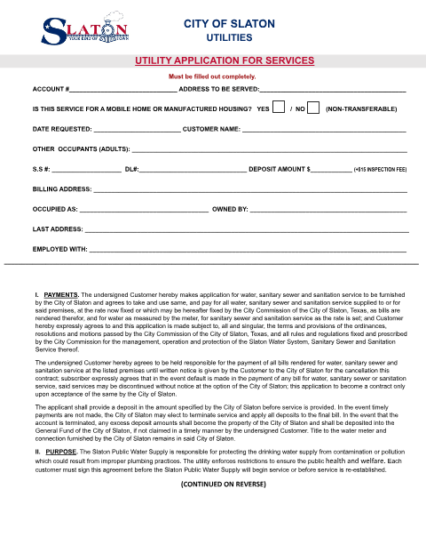 First page of the Water Service Application
