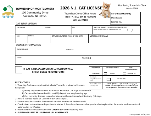 First page of the 2026 N.J. Cat License