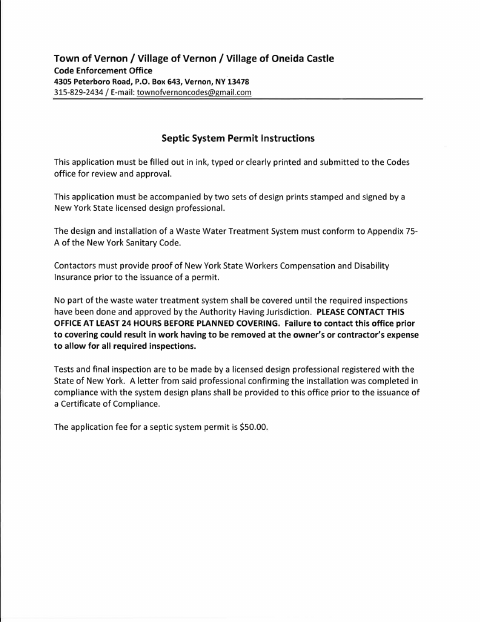 First page of the Septic System Permit Application