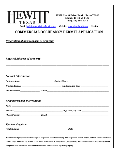 First page of the Commercial Occupancy Permit Application