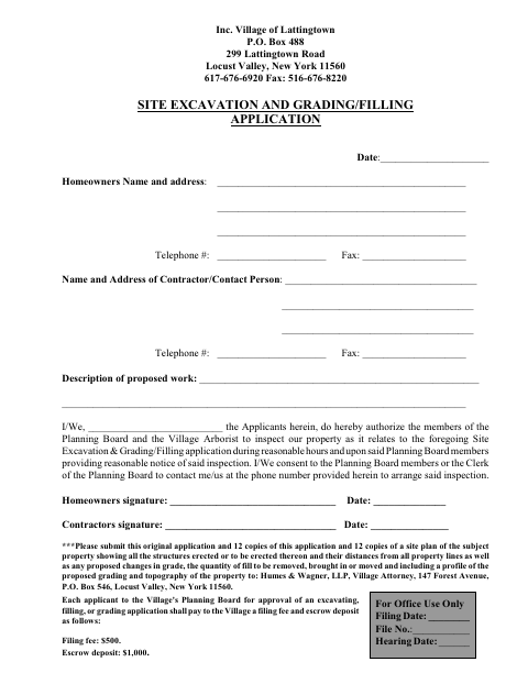 First page of the Site Excavation and Grading/Filling Application